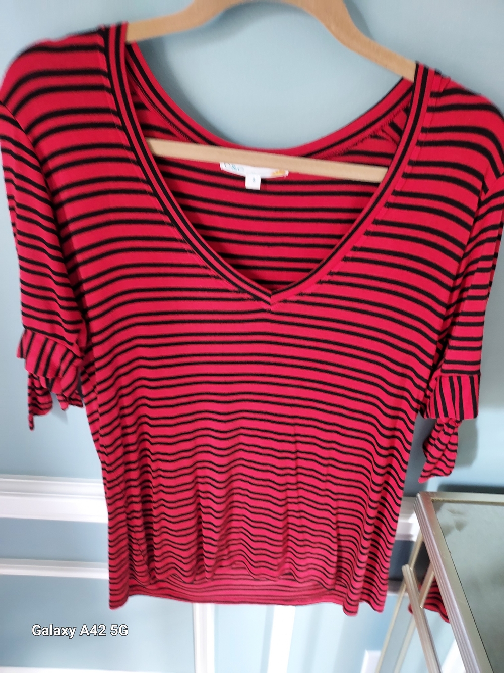 American Eagle Outfitters Red and Black Striped V-Neck Short Sleeve Top